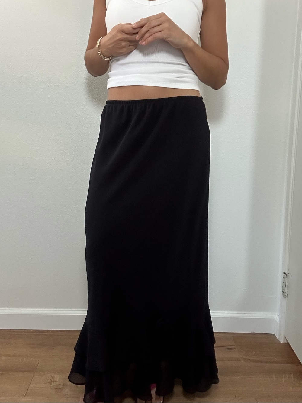 Vintage Dressbarn Y2K Black Ruffle-Hem Maxi Skirt Rosette Chiffon Size L - Picture 8 of 12